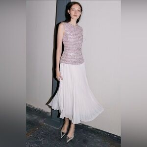 Self-Portrait Pink Bouclé and Chiffon Midi Dress